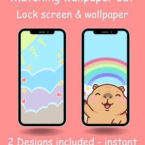 Conjunto a juego: Lindo fondo de pantalla para teléfono con capibara saludando kawaii / Descarga digital estética / Fondo de pantalla de bloqueo con capibara mirando