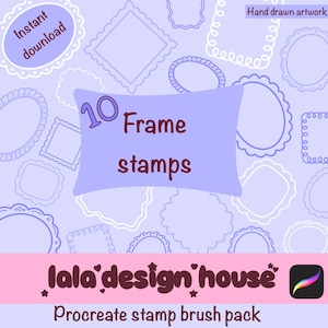 May include: A digital collection of 10 frame stamps featuring various hand-drawn shapes on a light purple background. The text reads Instant download, Hand drawn artwork, 10 Frame stamps, lala design house, and Procreate stamp brush pack.
