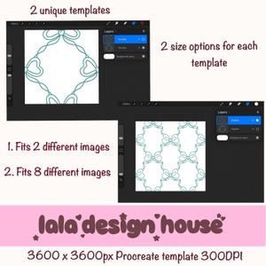 以下が含まれることがあります： 白い背景にティール色のリボンパターンが描かれた2つのデジタルProcreateテンプレート。インターフェースにはレイヤーパネルと、2 unique templates, 2 size options for each template, 1. Fits 2 different images, 2. Fits 8 different images, lala design house, 3600 x 3600px Procreate template 300DPIというテキストが表示されています。