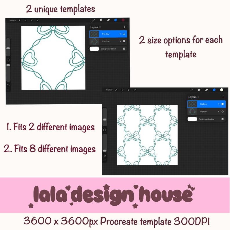 以下が含まれることがあります： 白い背景にティール色のリボンパターンが描かれた2つのデジタルProcreateテンプレート。インターフェースにはレイヤーパネルと、2 unique templates, 2 size options for each template, 1. Fits 2 different images, 2. Fits 8 different images, lala design house, 3600 x 3600px Procreate template 300DPIというテキストが表示されています。