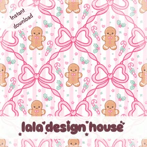 Puede incluir: Un patrón digital con hombres de jengibre marrones, lazos rosas, bastones de caramelo y hojas de acebo sobre un fondo de rayas blancas y rosas. El texto "Instant download" y "lala design house" es visible en la imagen.