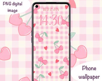 Pink Cherry Gingham Phone Wallpaper, Aesthetic Coquette iPhone Background, Cute Pastel Plaid Lockscreen, Kawaii Fruit Wallpaper