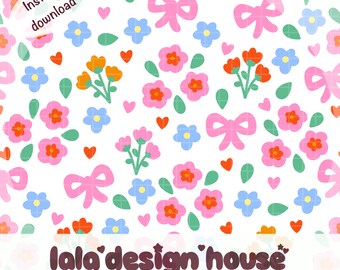 Patrón floral sin costuras Coquette Ditsy PNG, fondo con lazos rosas estilo preppy que se repiten, clipart de flores kawaii femenino para diseño de tela de uso comercial