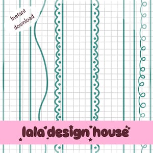 May include: Digital paper design with teal lines and decorative borders on a grid background. The words "Instant download" are in the upper left corner. The bottom has a pink banner with the text "lala design house".