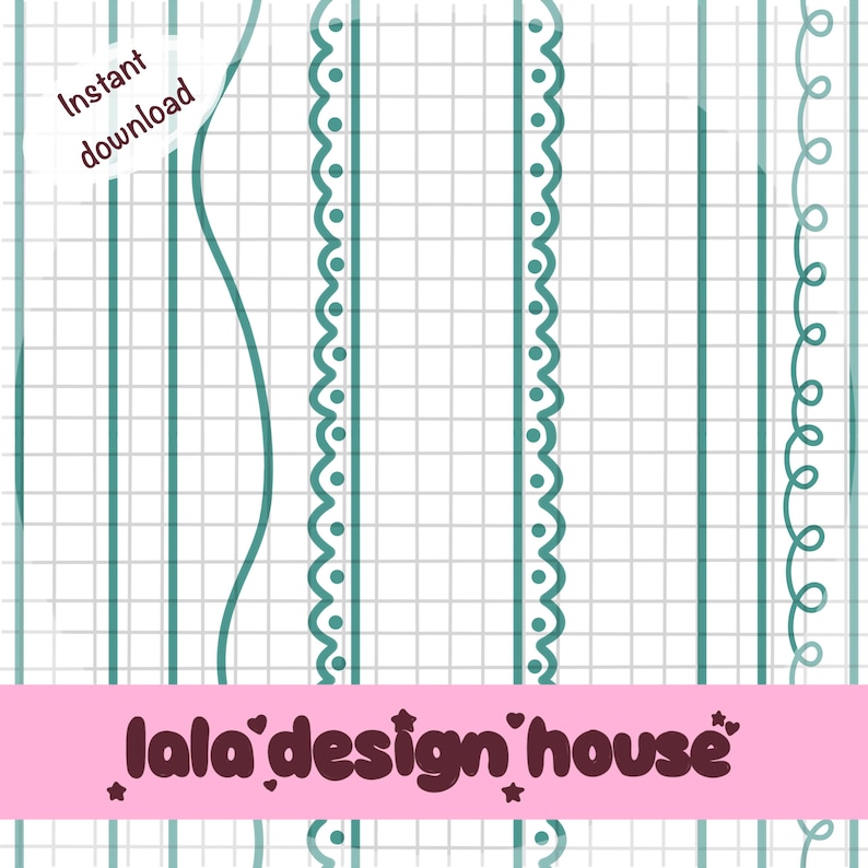 May include: Digital paper design with teal lines and decorative borders on a grid background. The words "Instant download" are in the upper left corner. The bottom has a pink banner with the text "lala design house".