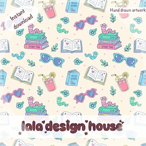 May include: A repeating pattern featuring books, heart-shaped and regular sunglasses, bookworms, cocktails, and flowers. The design includes the text "Instant download" and "Hand drawn artwork". The background is a light beige color.