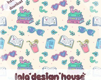 Bookworm Digital Paper, Pastel summer seamless Pattern, Cute Library & Bookish Scrapbook Background, Kawaii Reading Illustration