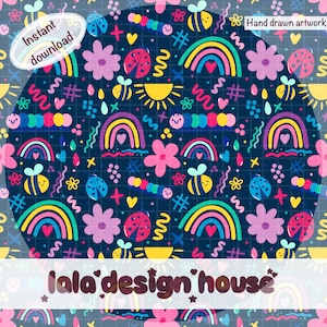 May include: A digital pattern featuring colorful illustrations of bees, ladybugs, rainbows, flowers, and caterpillars on a dark blue grid background. The text reads Instant download, Hand drawn artwork, and lala design house.