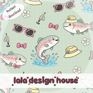 May include: A seamless pattern featuring cartoon rainbow trout fish, pink sunglasses, yellow bucket hats with anchor icons, pink bows, fishing lures, and white flowers on a light green grid background with the text lala design house.