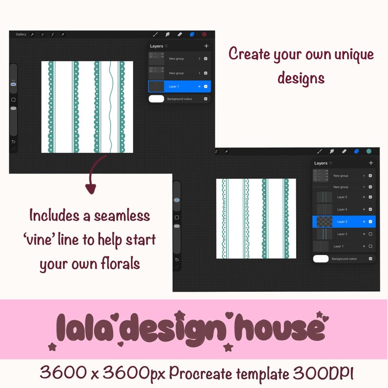 May include: A digital Procreate template measuring 3600 x 3600px at 300DPI, featuring a white canvas with teal vertical striped patterns and a vine line. The interface displays layer panels, with text reading Create your own unique designs, Includes a seamless vine line to help start your own florals, and lala design house.