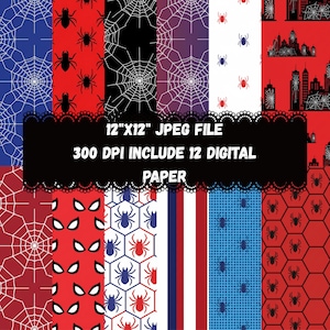 May include: A digital paper pack featuring twelve unique designs. Patterns include spiderwebs, spiders, and cityscapes in red, blue, black, and white. The text on the image reads "12"X12" JPEG FILE 300 DPI INCLUDE 12 DIGITAL PAPER."