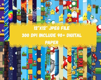 Retro Gaming Digital Paper Bundle 90+ | 12x12 JPG 300 DPI | Colorful Platform Game Backgrounds for Scrapbook, Planner & DIY