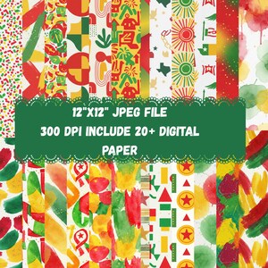 May include: A collection of digital papers with various patterns in red, yellow, green, and white. The papers feature abstract designs, geometric shapes, and watercolor textures. Text on the image reads: "12"X12" JPEG FILE, 300 DPI INCLUDE 20+ DIGITAL PAPER."