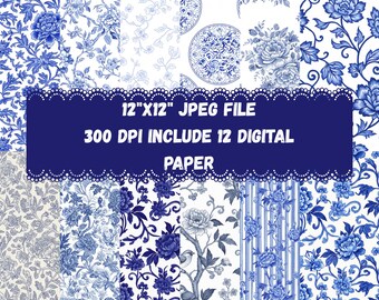 Chinoiserie Floral Digital Paper,  French flower patterns, blue and white, Chinese, sublimation decoupage photography backdrop