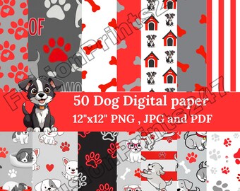 Red & Grey Dog Digital Papers | Puppy Patterns | Cute Dog Scrapbook Paper | Seamless Dog Backgrounds | Cute Animals Paper Pack