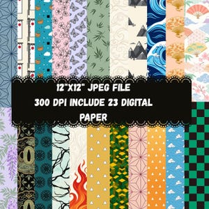May include: A collection of 23 digital paper patterns in 12"x12" JPEG format at 300 DPI. The designs feature various motifs including geometric shapes, floral cherry blossoms, butterflies, bamboo leaves, mountains, ocean waves, fans, flames, and clouds.