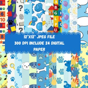 May include: A collection of 24 digital papers, each with a unique design. The papers feature various patterns, including paw prints, puppies, musical notes, and the alphabet. The text on the image reads "12"x12" JPEG FILE" and "300 DPI INCLUDE 24 DIGITAL PAPER".