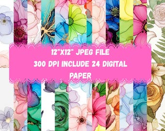 Alcoholinkt aquarel lente digitaal papierpakket | Abstracte bloemenpatronen | Pastel plakboekpapier 12 x 12 | Lenteachtergronden