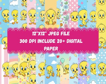 Tweety Bird 20+ Digital Paper Pack 12x12 JPG | 300 DPI Cute Cartoon Printable Backgrounds for Scrapbook Crafts DIY Download Set