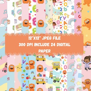 May include: A collection of 24 digital papers with colorful patterns. The designs include cartoon characters, letters, numbers, rainbows, stars, and musical notes. The text on the image reads "12"X12" JPEG FILE 300 DPI INCLUDE 24 DIGITAL PAPER."