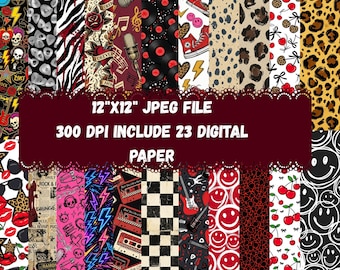 Rock N Roll Digital Paper | Rock Music Scrapbook Paper | Guitar Pattern | 12x12 Printable Paper Pack | JPG Craft Paper
