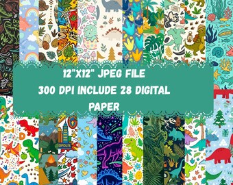 Kids Dinosaur Digital Paper | Dinosaur Scrapbook Paper | Cute Dino Patterns | 12x12 Printable Paper Pack | JPG Craft Paper