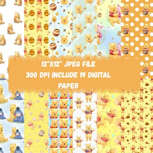 May include: A digital paper collection featuring 19 patterns with Winnie the Pooh, Piglet, and Eeyore in various poses, honey pots, and bees. The image includes the text 12"X12" JPEG FILE 300 DPI INCLUDE 19 DIGITAL PAPER on an orange background.