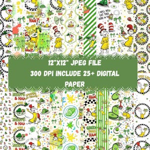 May include: A collection of digital papers featuring Dr. Seuss-inspired illustrations. The designs include characters, food, and text from the book "Green Eggs and Ham." The papers are 12"x12" JPEG files with 300 DPI, including 25+ digital papers.