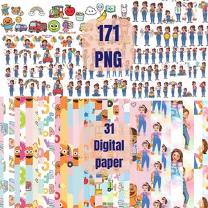 Puede incluir: Una colección de gráficos digitales con personajes de dibujos animados, ilustraciones y papel digital. La imagen incluye el texto "171 PNG" y "31 Digital paper". Los gráficos incluyen una variedad de elementos coloridos.