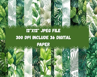 Tropical Leaves Digital Paper Bundle | Green Leaf | Botanical Scrapbook Paper | Summer Texture Background | Printable JPG