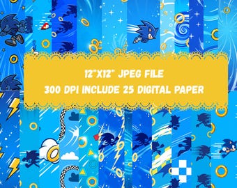 Digital Paper Bundle, Speed Pattern Backgrounds, Cartoon Blue Hedgehog Scrapbook Pack, 12x12 PNG Files Set HD