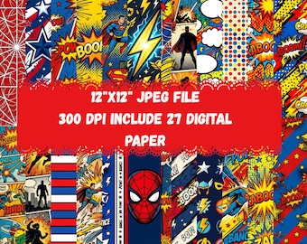 Hero Legends Digital Paper Pack | Comic Style Action Patterns 12x12 JPG 300 DPI Printable Craft Background Set