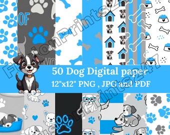 50 Blue Puppy Digital Papers | 12x12 PNG, JPG & PDF | Cute Dog Patterns for Scrapbooking, Printable Crafts, Cards Projects