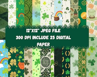St Patrick's Day Digital Paper: Shamrock, Clover, Rainbow Patterns (Digital Download)