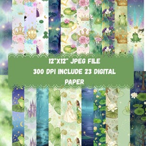 May include: A collection of 23 digital papers with a fairytale theme. The papers feature illustrations of crowns, frogs, castles, and princesses in shades of green, purple, and gold. The text on the image reads "12"X12" JPEG FILE 300 DPI INCLUDE 23 DIGITAL PAPER."