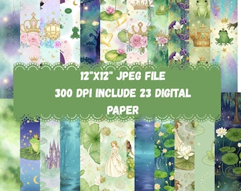 Princess and Frog Digital Paper Bundle – 24 Bayou Fairytale Backgrounds, Green Gold Scrapbook Paper, Instant Download