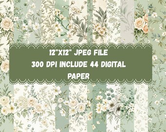 Saliegroen digitaal papier met bloemen | Naadloze cottage-tuinpatronen | Afdrukbare jpg-achtergronden van 12 x 12 voor doe-het-zelvers