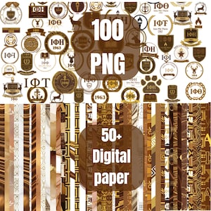 May include: A digital design bundle featuring over 100 PNG graphics and 50+ digital paper designs. The graphics include various emblems and logos in shades of brown and gold, with the text "100 PNG" and "50+ Digital paper".