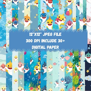 Puede incluir: Una colección de diseños de papel digital con tiburones de dibujos animados en varios colores y poses. Los diseños incluyen tiburones con gorros de fiesta, notas musicales y pelotas de playa. El texto de la imagen dice "12"X12" JPEG FILE 300 DPI INCLUDE 30+ DIGITAL PAPER."