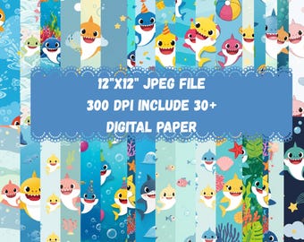 Baby Shark Digital Paper Pack 30+ Digital papers, Ocean Theme Scrapbook Backgrounds, Cute Kids Printable Paper Bundle