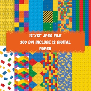 May include: A digital paper pack featuring twelve colorful designs inspired by toy building blocks. The pack includes various patterns, including smiley faces, brick layouts, and hazard stripes. The text on the image reads "12"X12" JPEG FILE 300 DPI INCLUDE 12 DIGITAL PAPER."