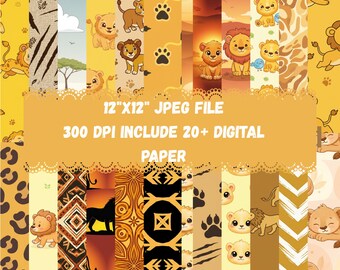 Lion King 20+ Digital Paper Pack 12x12 JPG | 300 DPI Printable Safari Backgrounds for Scrapbook Crafts DIY Party Decor Download