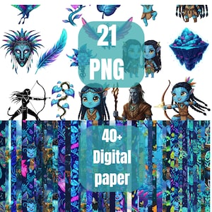 Paquete de imágenes prediseñadas de Avatar PNG con papeles digitales / Alta resolución 300 DPI / Fondos JPG de 12 x 12 / Descarga instantánea para manualidades y álbumes de recortes