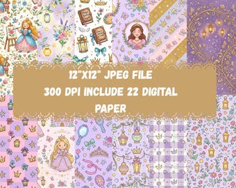 Purple Princess Digital Paper | Princess Pattern Backgrounds | Fairytale Printable Paper | Royal Scrapbook JPG Bundle