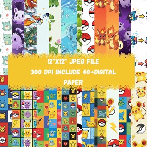May include: A collection of digital papers featuring various cartoon characters and patterns. The papers include images of cartoon characters, Pokeballs, and other related designs. The text on the image reads: "12"X12" JPEG FILE 300 DPI INCLUDE 40+ DIGITAL PAPER."