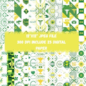 Può includere: Un pacchetto di carta digitale con vari motivi nei toni del verde, giallo e bianco. I disegni includono simboli medici, lettere greche ed elementi decorativi. Il testo sull'immagine recita "12"X12" JPEG FILE 300 DPI INCLUDE 25 DIGITAL PAPER."
