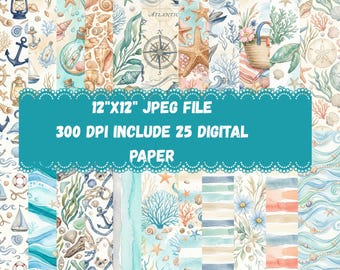 Ocean Whispers Digital Paper Pack, Coastal Blue Backgrounds, Watercolor Sea Textures, Beach Scrapbook Papers, Printable JPG Download