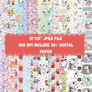 Puede incluir: Una colección de papeles digitales con ilustraciones de Snoopy y Woodstock. Los diseños incluyen corazones, globos y arcoíris. El texto de la imagen dice: "12"X12" JPEG FILE 300 DPI INCLUDE 50+ DIGITAL PAPER." Los papeles miden 30,48 cm x 30,48 cm.