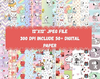 Snoopy Digital Paper Pack JPG | Cute Cartoon Dog Scrapbook Paper | 12x12 Printable Backgrounds | Kids Party Craft Paper | Instant Download