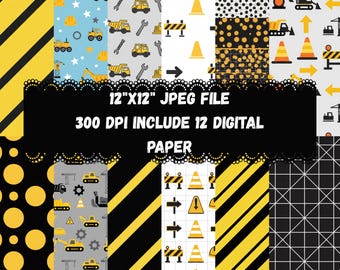 Construction Digital Paper Pack | Builder Truck Patterns | Kids Construction Scrapbook Paper | 12x12 Printable Craft Paper